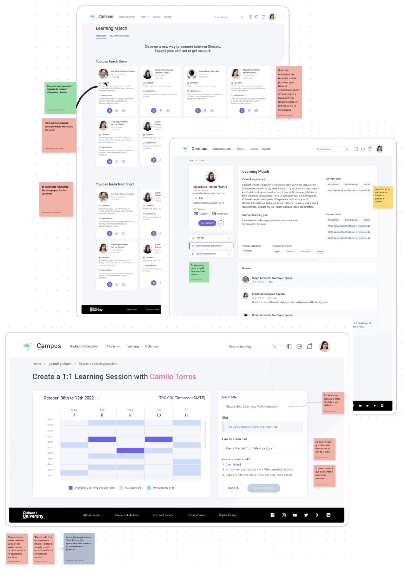 Learning Match screens (Discover, profile and creating a 1:1 session) with user feedback notes