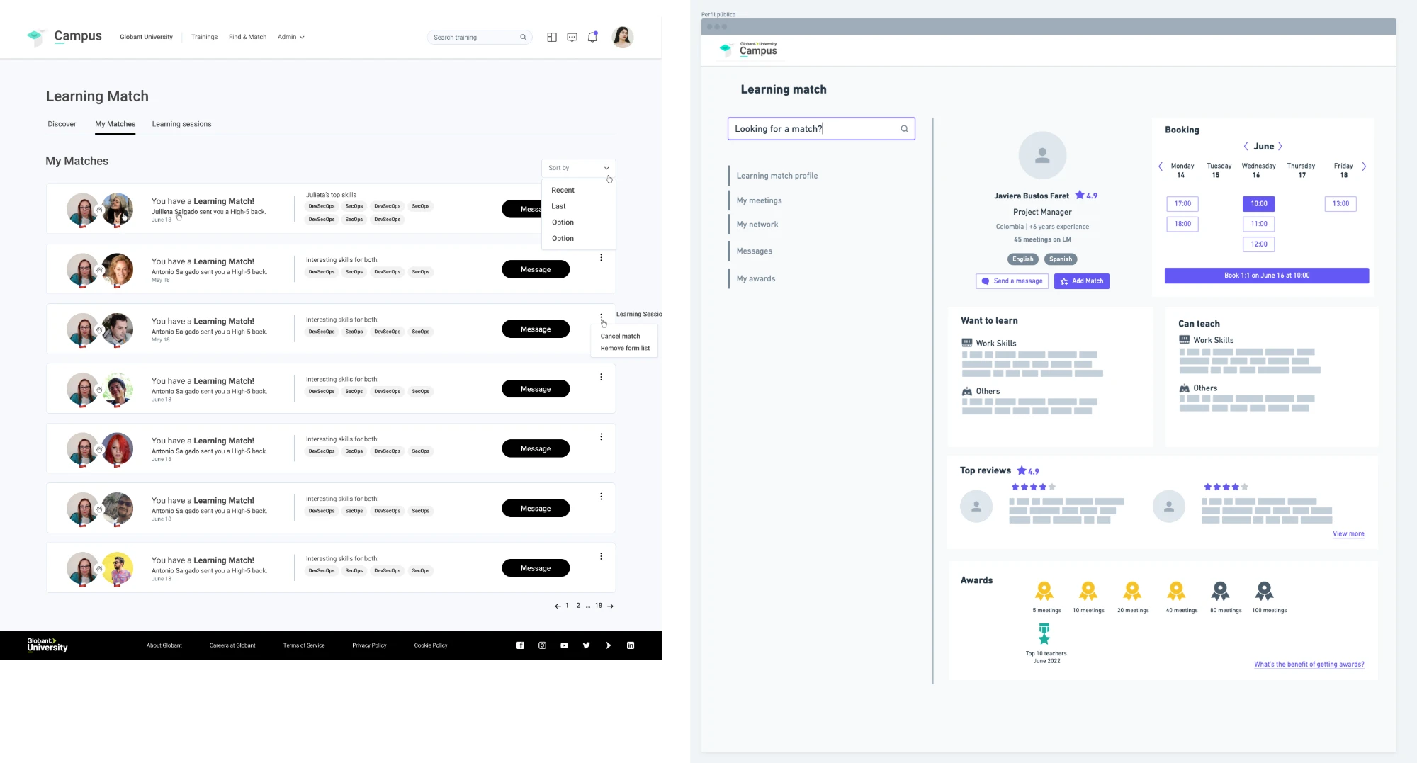 My Matches screen and Learning Match public profile wireframe with session booking, reviews and awards