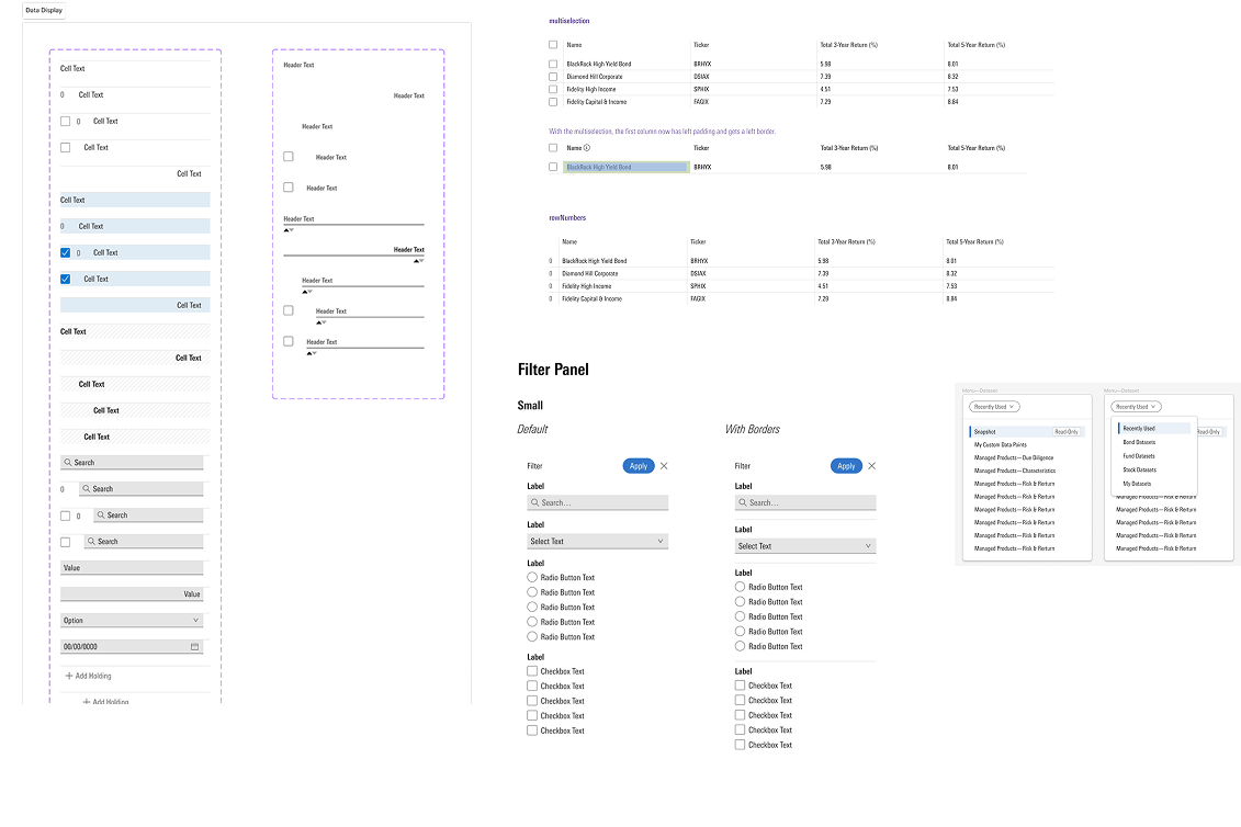 Design system components: table cells and headers, multi-selection, row numbers, filter panel and dataset menus
