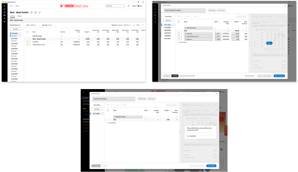 Final design of the Portfolio Editor: multi-model portfolio, editing holdings with a draft and an empty portfolio state