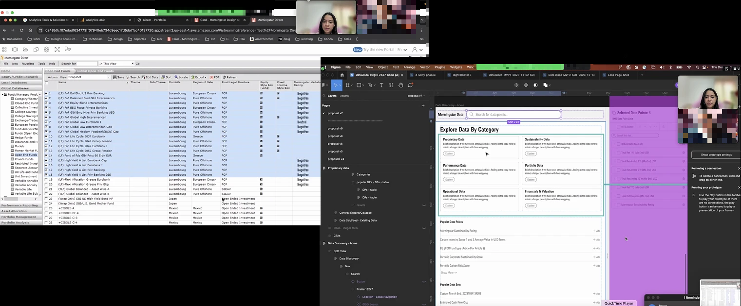 Remote moderated usability session: classic Morningstar Direct next to the new Data Discovery prototype in Figma